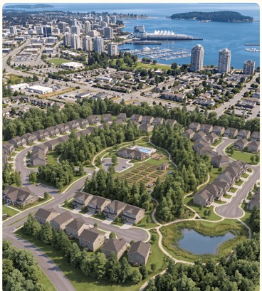 Aerial view of a coastal city and a new multiplex housing development