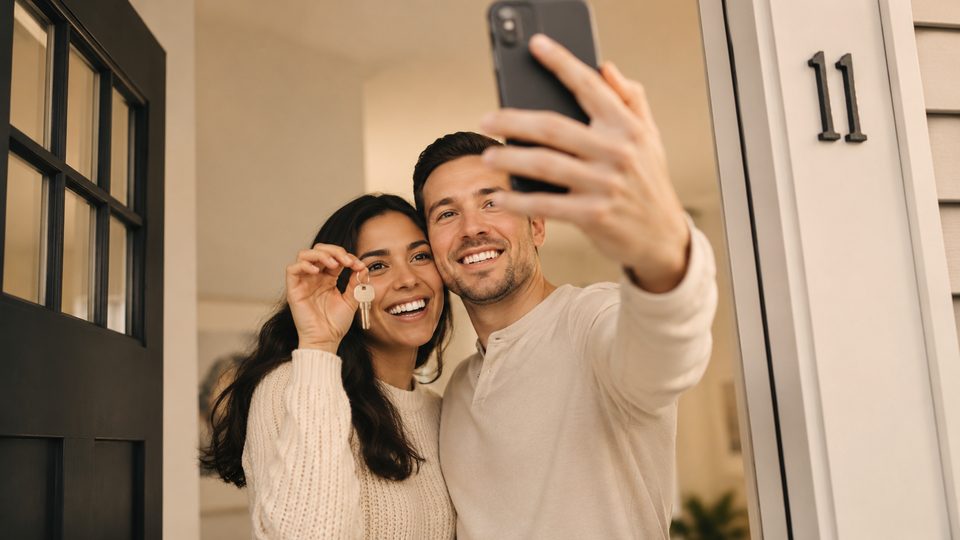 A couple taking a selfie together in their new home