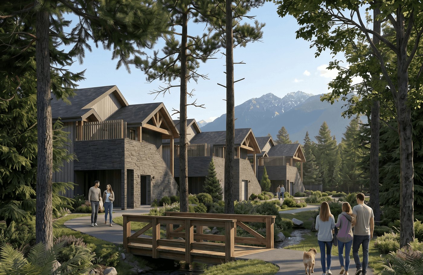 Residents and their dogs walking across a wooden bridge through a mountain townhome community