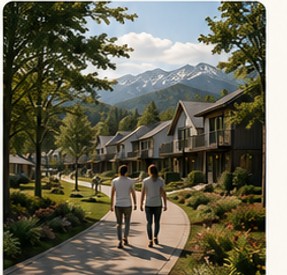 Residents walking dogs along a landscaped path through a mountain townhome community